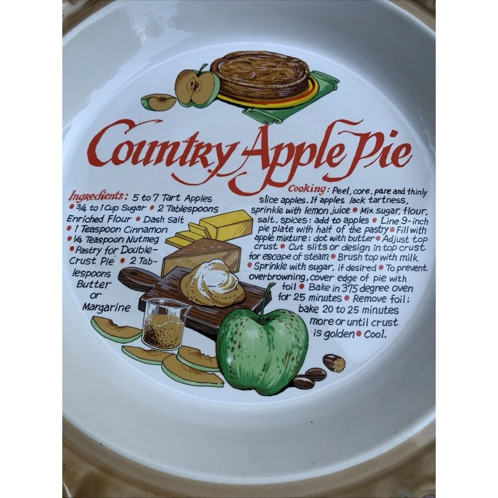 Country Apple Pie Glazed Ceramic Pie Dish w/ Lid and recipe, Japan 1980s